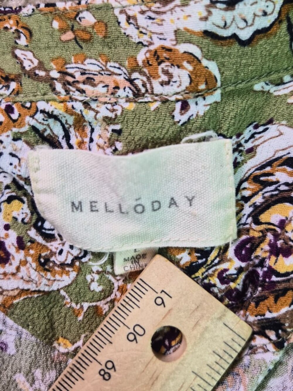 Melloday Womens Size L Green Paisley Smocked Empire Waist Boho Tunic Top F957 - Picture 5 of 11
